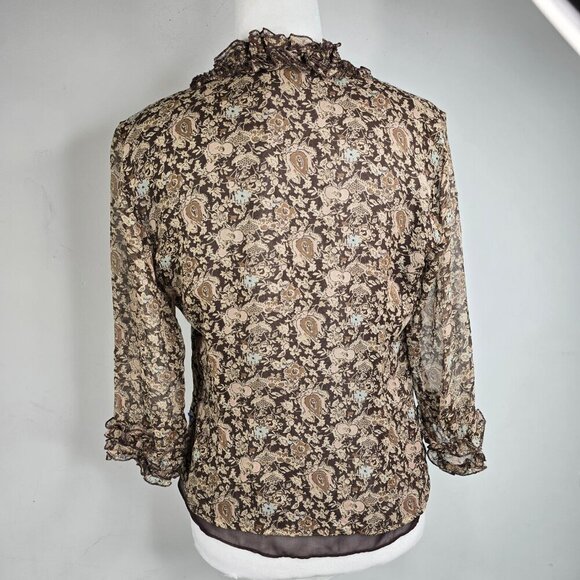 Vintage 90s Malcolm & Co Brown Ditsy Floral Ruffle Button Front Silk Blouse - Picture 5 of 6